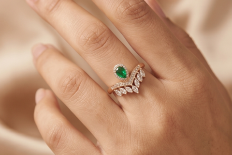 Emerald Leaf V-Shaped Ring