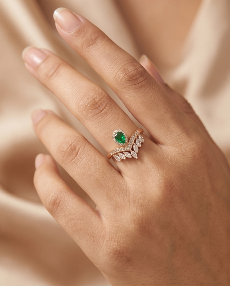 Emerald Leaf V-Shaped Ring