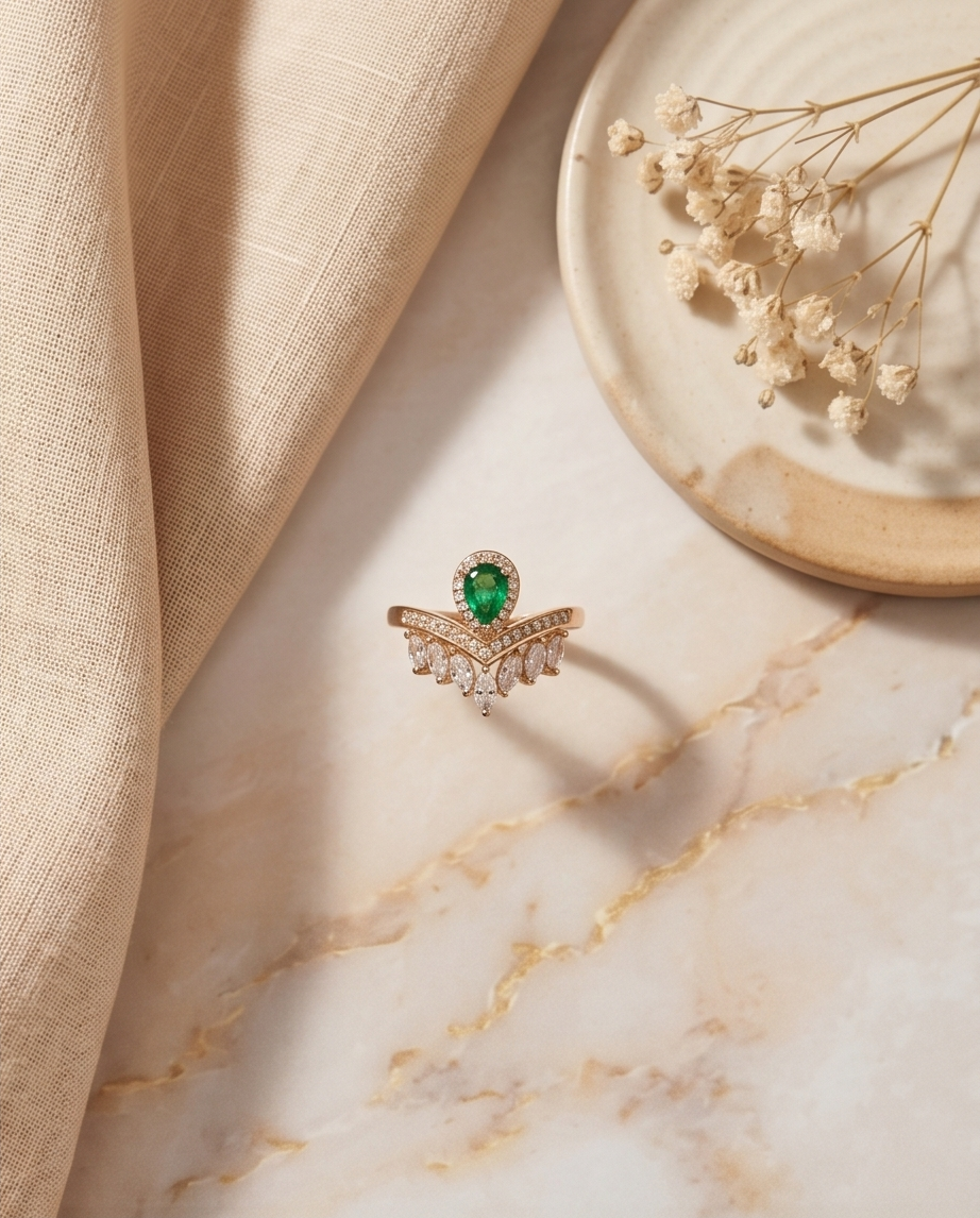 Emerald Leaf V-Shaped Ring - Image 2