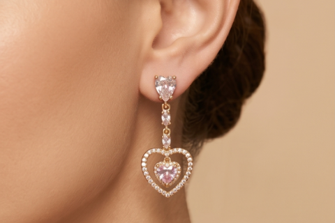 Rose Gold Heart Drop Earrings with Pink Stone
